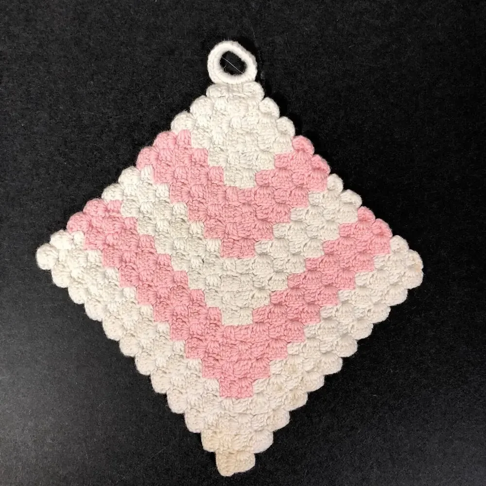 Vintage Potholders, Crocheted Pink, Aqua Blue, Red and White, Set of Four Retro